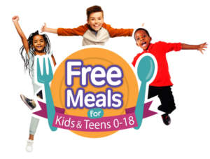 An image of young kids jumping in excitement next to the Summer Food Service logo that reads Free Meals for Kids and Teens